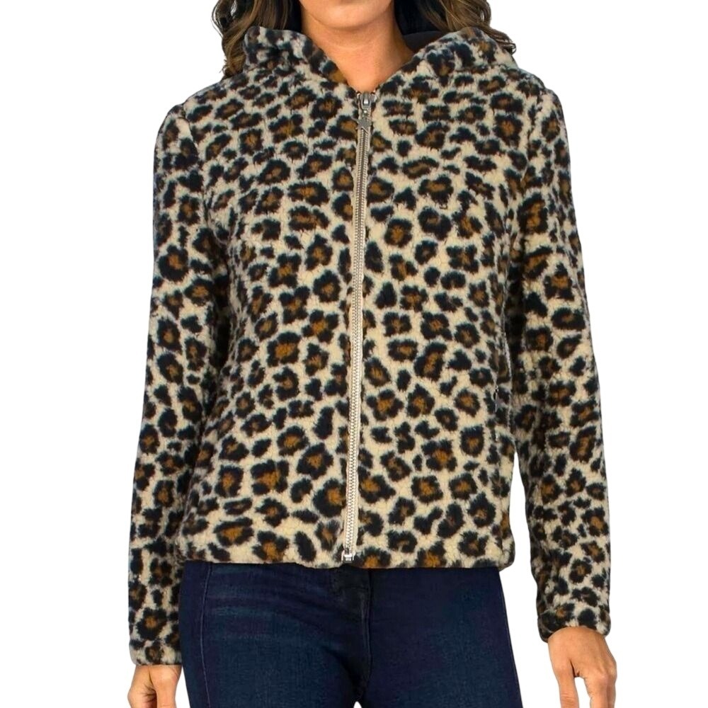 Chaser Leopard Print Sherpa Hooded Jacket Zip Up Women Small